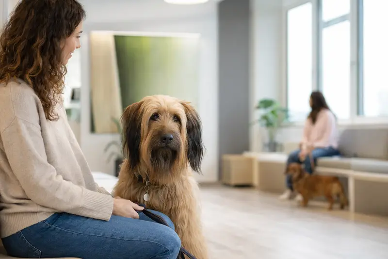 Ein Briard sitzt ruhig neben seinem Besitzer im hellen Wartezimmer einer modernen Tierarztpraxis.